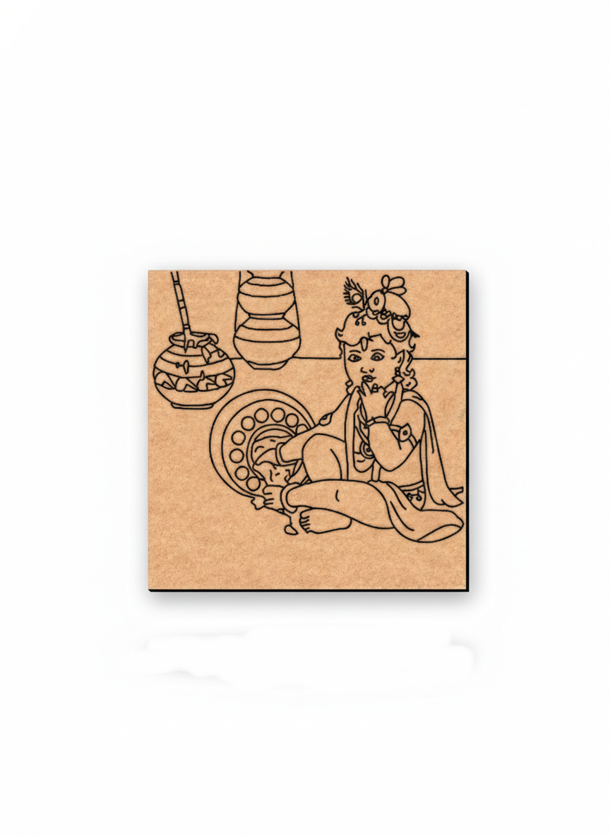MDF DIY wall art  with a hand-drawn design of a person sitting and holding a pot, on a white background.