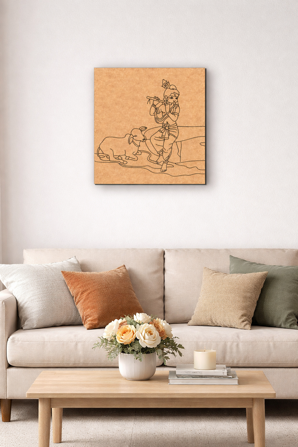 MDF DIY wall art above a beige sofa in a living room
