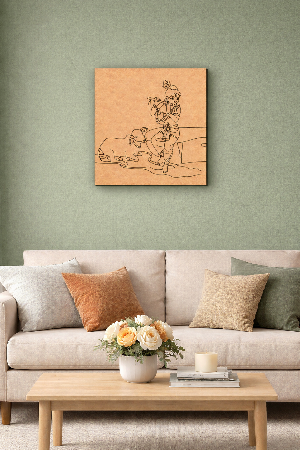 Living room with a beige sofa, wooden coffee table, and MDF DIY framed artwork on the wall.