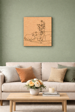 Living room with a beige sofa, wooden coffee table, and MDF DIY framed artwork on the wall.