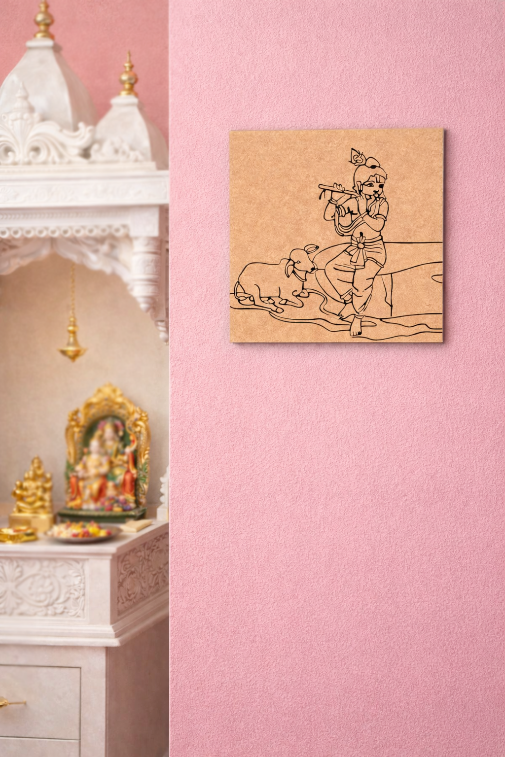 MDF DIY Canvas print of a religious scene on a pink wall next to a white altar with religious statues.