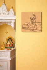 MDF DIY Wall art with a religious painting and a small shrine with idols on a yellow wall.