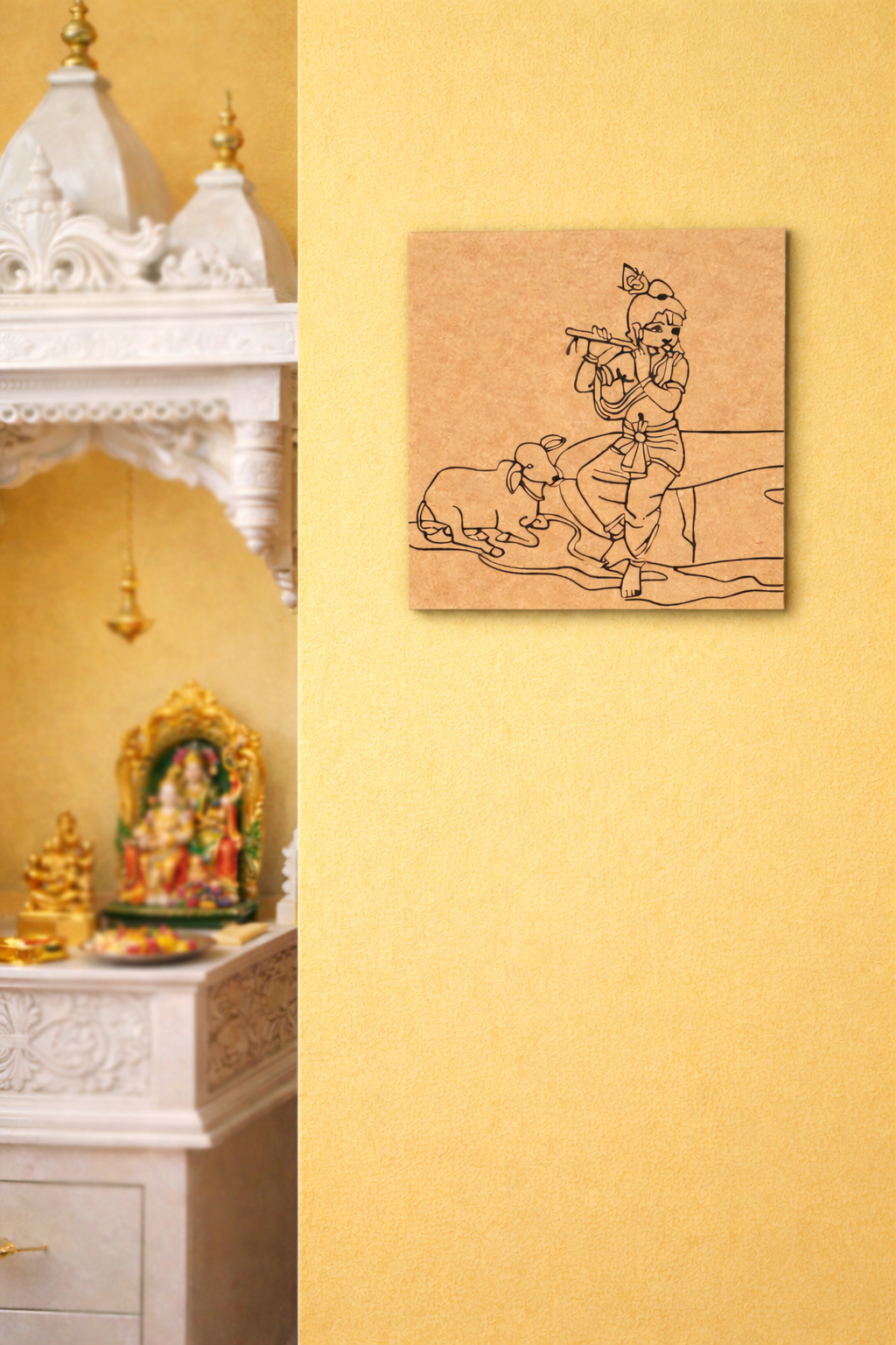 MDF DIY Wall art with a religious painting and a small shrine with idols on a yellow wall.