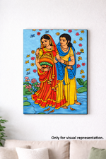  MDF DIY Colorful painting of two people in traditional attire on a blue background with flowers and butterflies, displayed on a white wall.