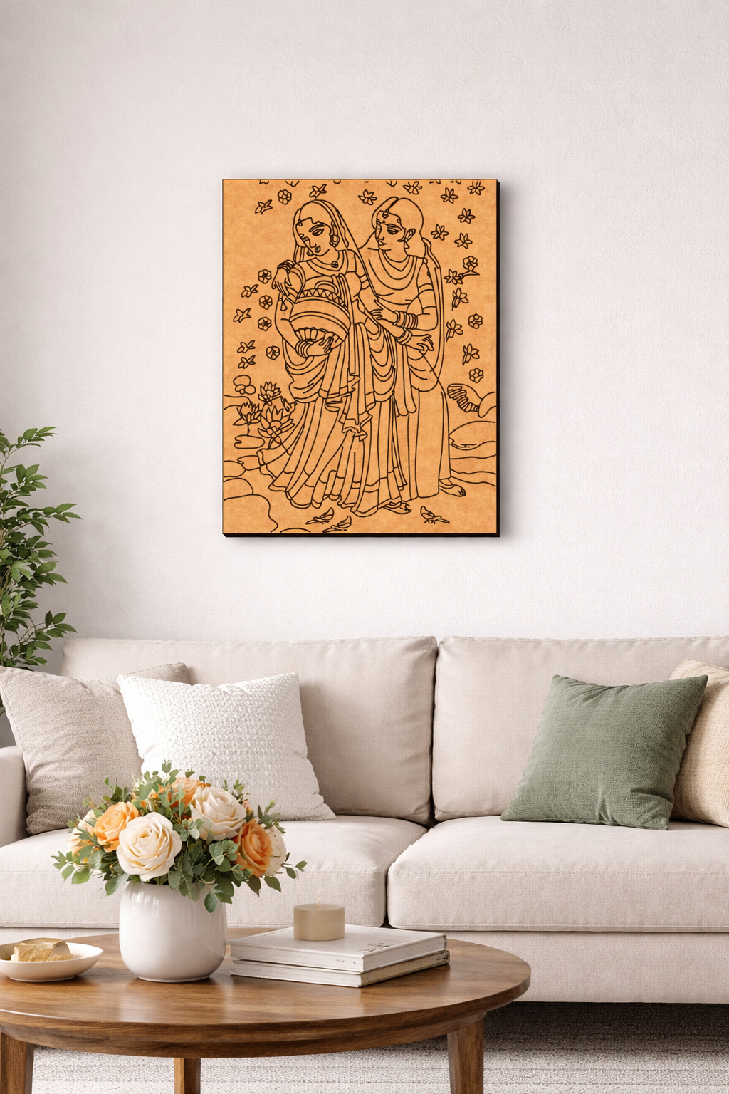 Decorative MDF DIY wall art of a couple in a wooden frame above a beige sofa with a coffee table.