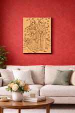 Decorative MDF DIY wall art of two figures on a red wall above a beige sofa with a coffee table.