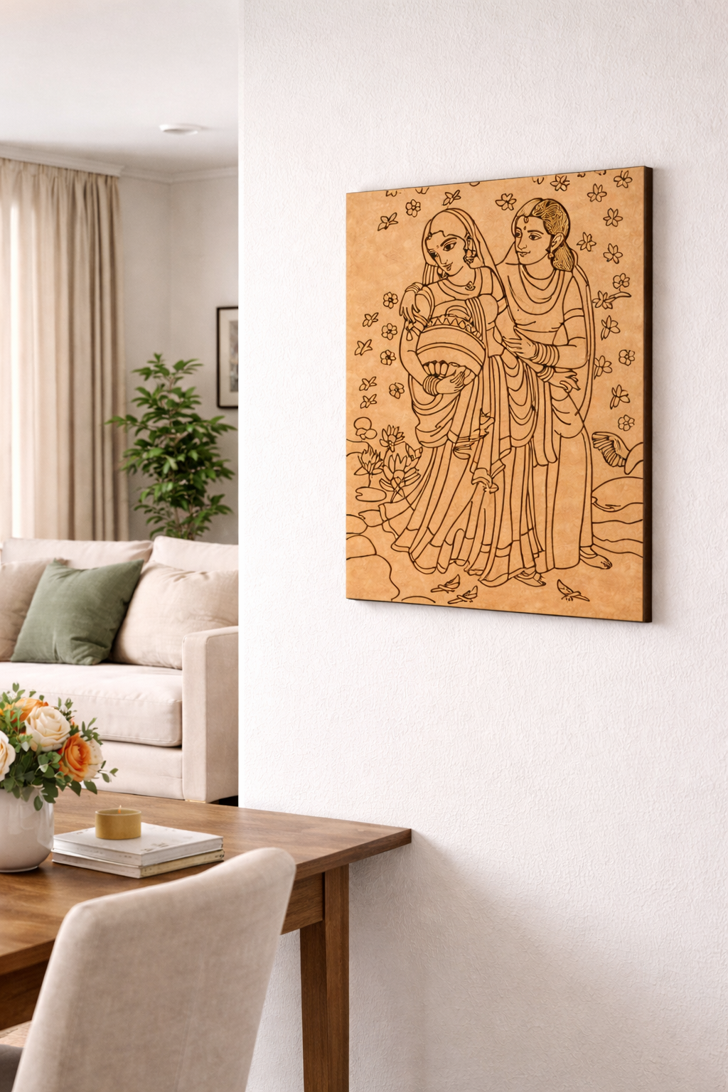 MDF DIY wall art of two people in a living room setting
