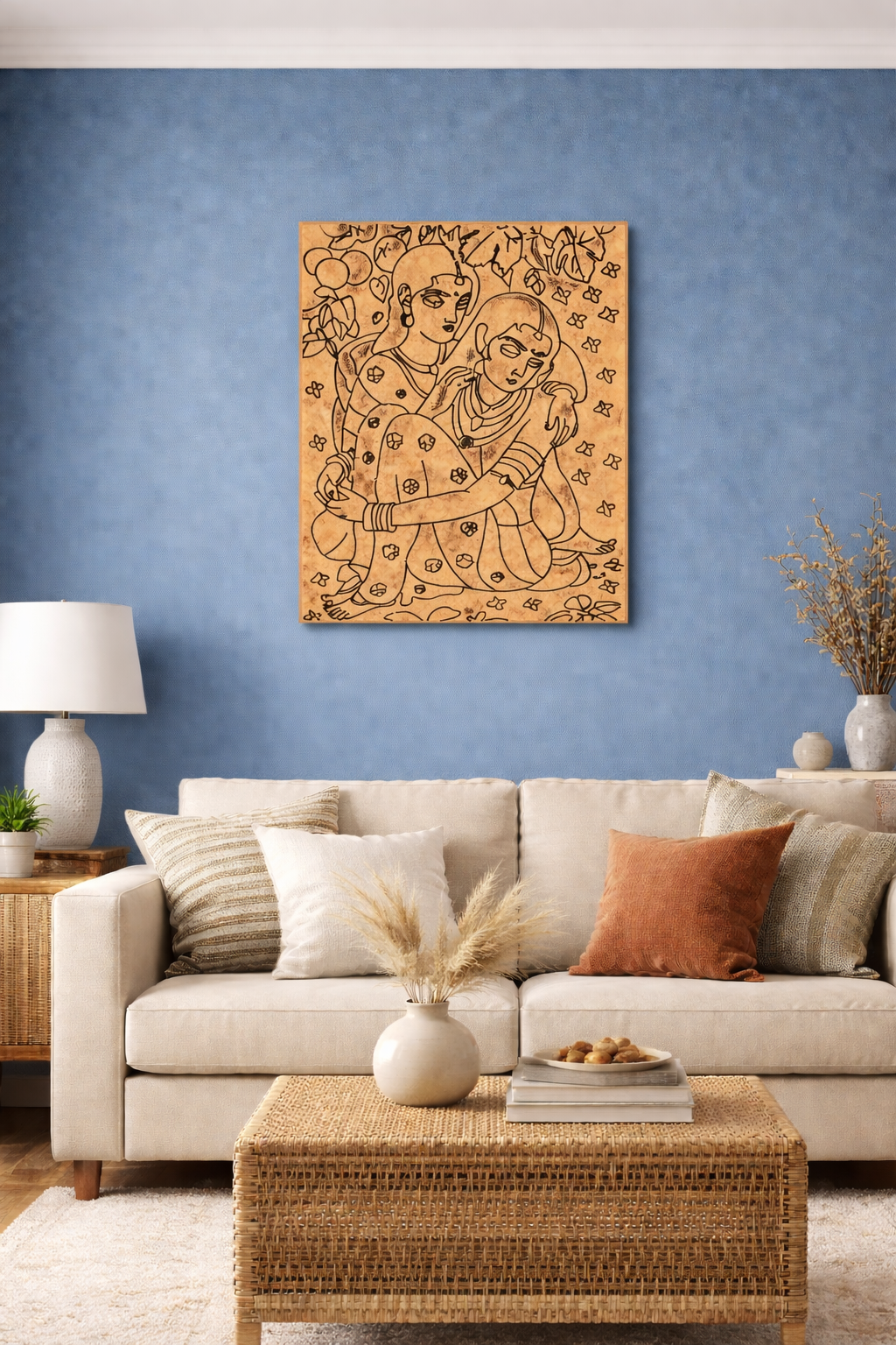 Living room with a beige sofa, wicker coffee table, and decorative MDF DIY wall art on a blue wall.