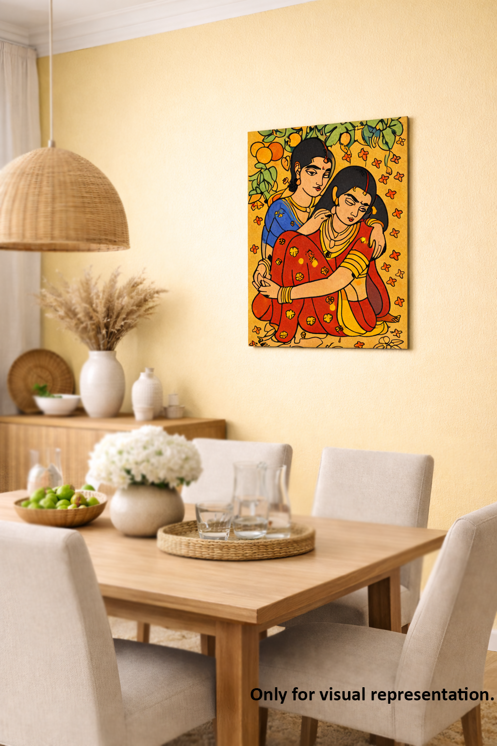 Dining room with a colorful MDF DIY painting of two people on the wall above a table.