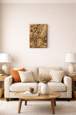 Living room with beige sofa, wooden coffee table, and decorative MDF DIY wall art.