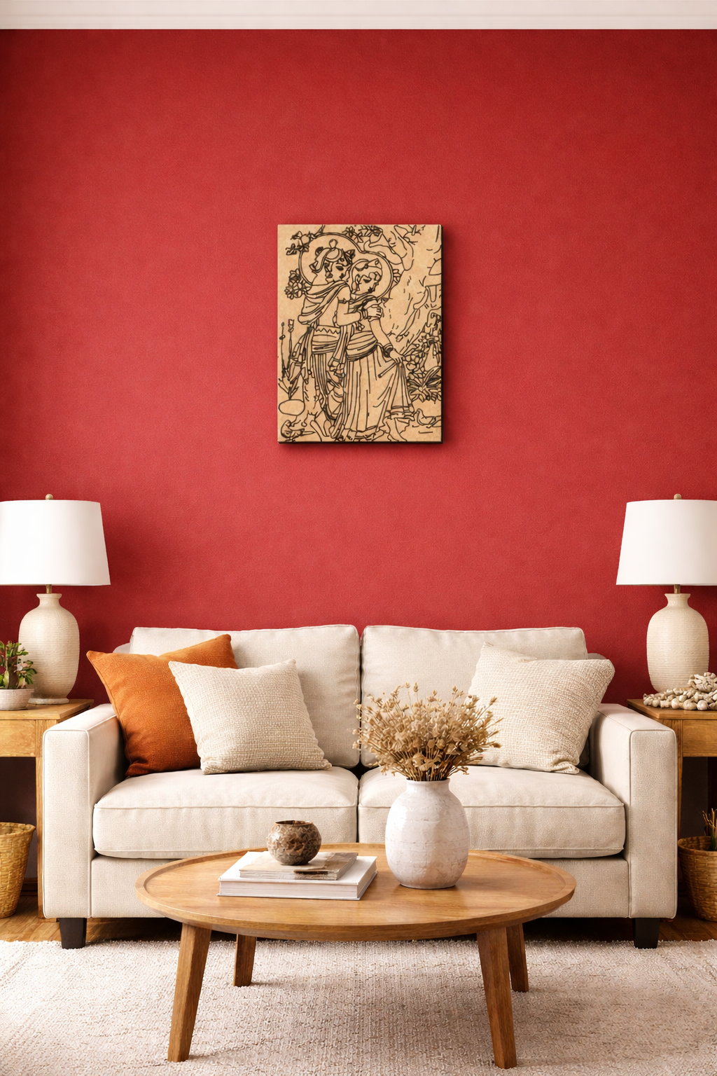 MDF DIY wall art ,Living room with red wall, beige sofa, wooden coffee table, and decorative items.