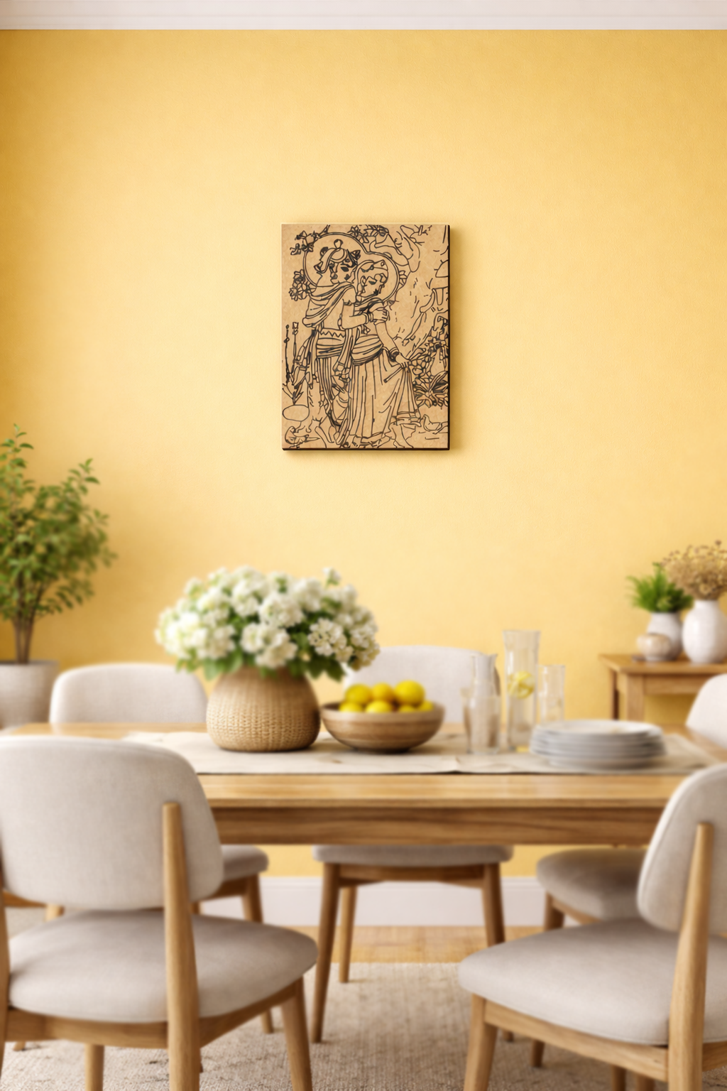 MDF DIY wall art ,Dining room with a yellow wall, wooden table, and chairs.