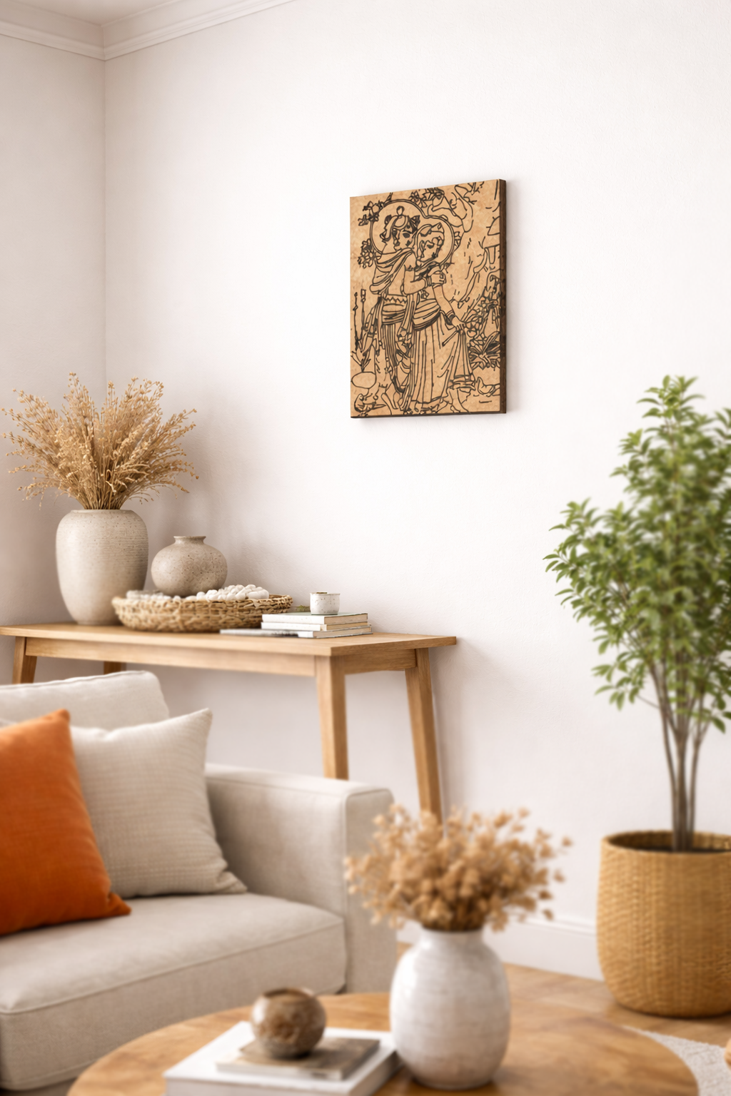 MDF DIY wall art,Living room with beige sofa, wooden coffee table, and decorative elements.
