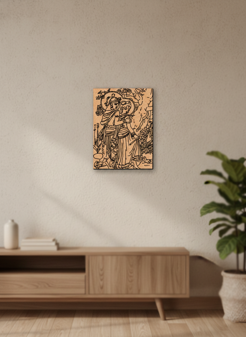 MDF DIY wall art of a couple on a beige wall above a wooden cabinet.