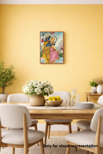 Dining room with a table, chairs, and a colorful MDF DIY painting on the wall.