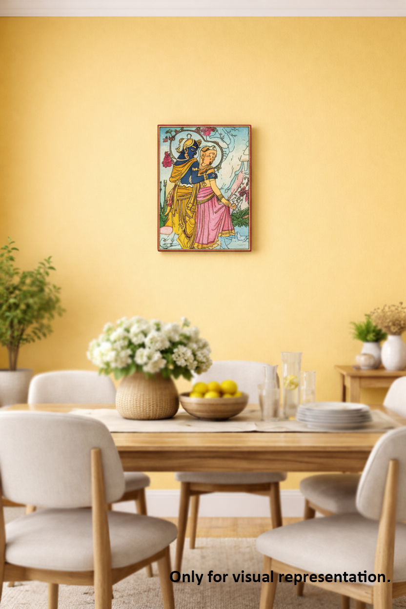 Dining room with a table, chairs, and a colorful MDF DIY painting on the wall.