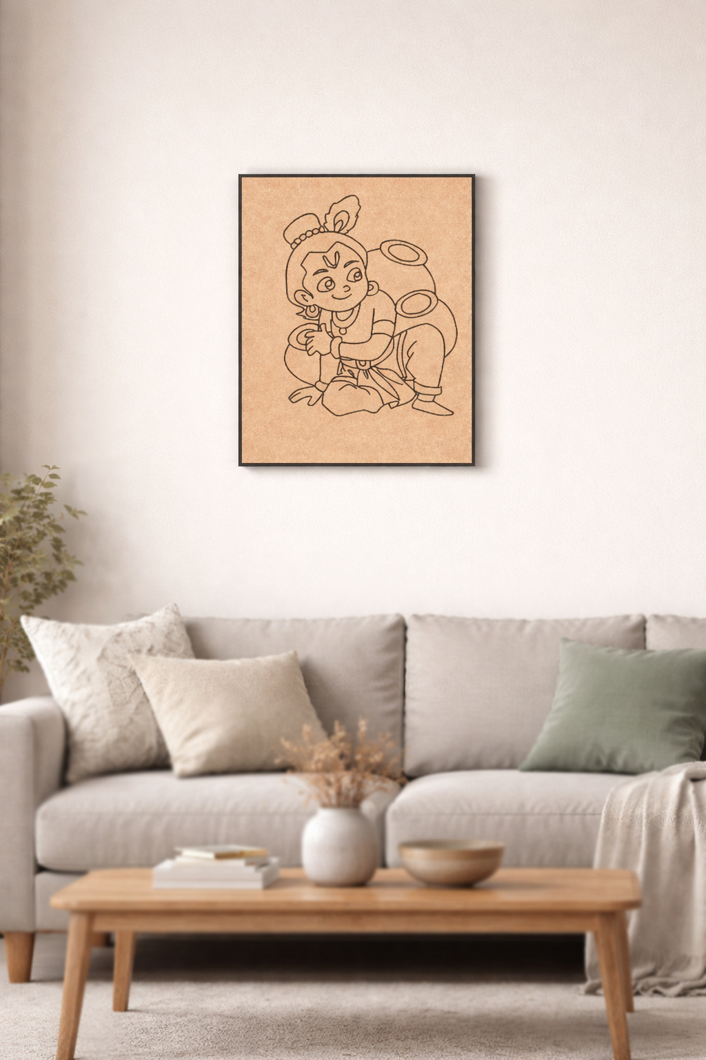 MDF DIY Framed artwork of a character on a wall above a sofa in a living room.
