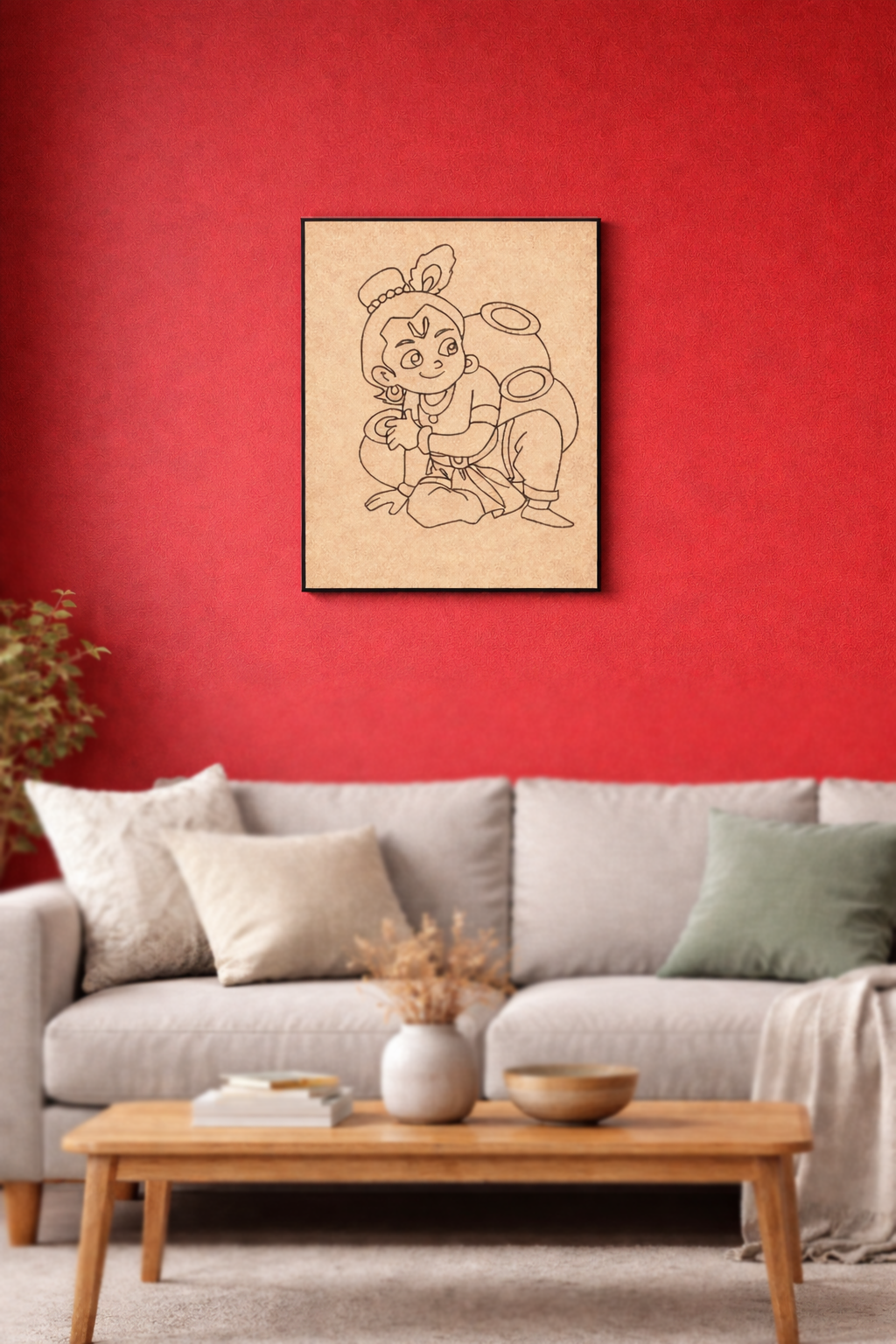 Living room with a red wall, gray sofa, wooden coffee table, and MDF DIY framed artwork.