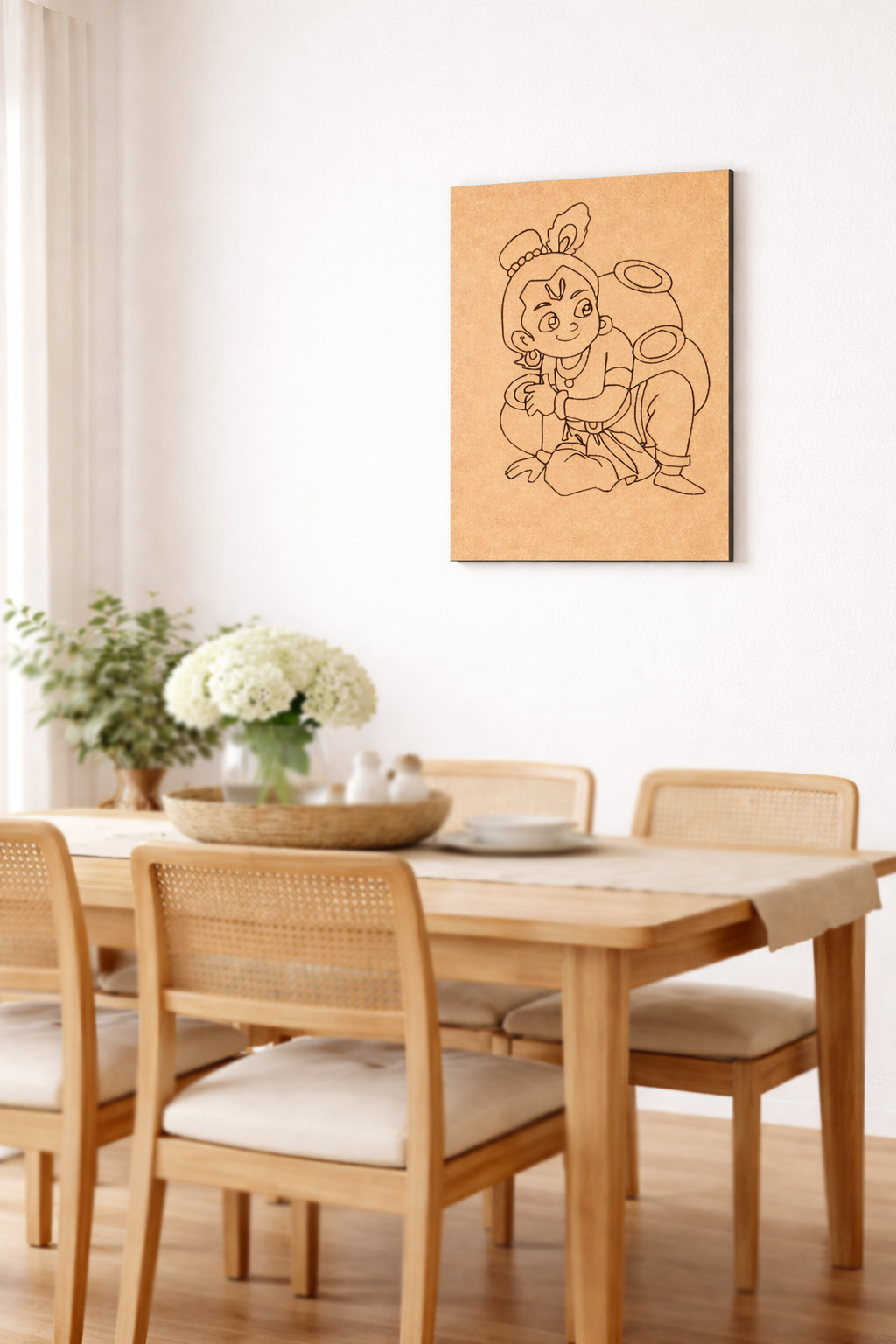 Wooden dining table with chairs and a MDF DIY wall art of a cartoon character on the wall.