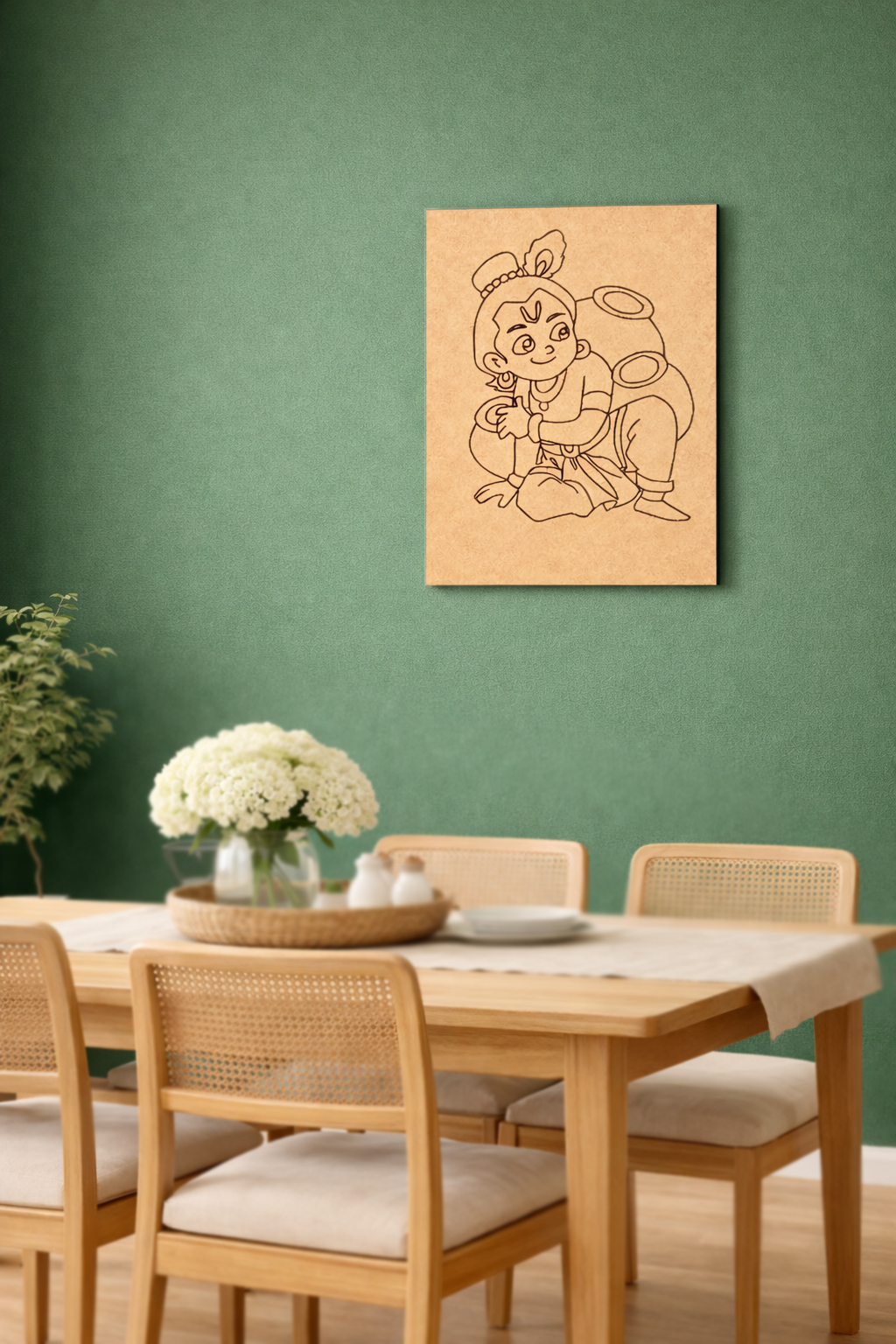 Dining room with wooden table and chairs, and a MDF DIY framed line drawing on the wall.