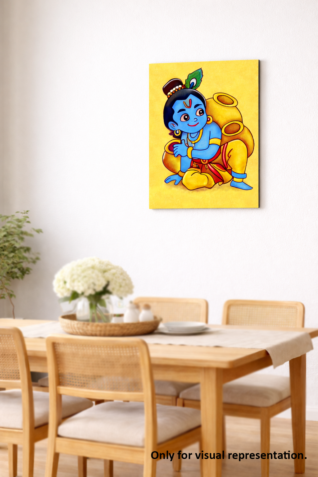 Colorful MDF DIY wall art  of a deity on a yellow background above a dining table.