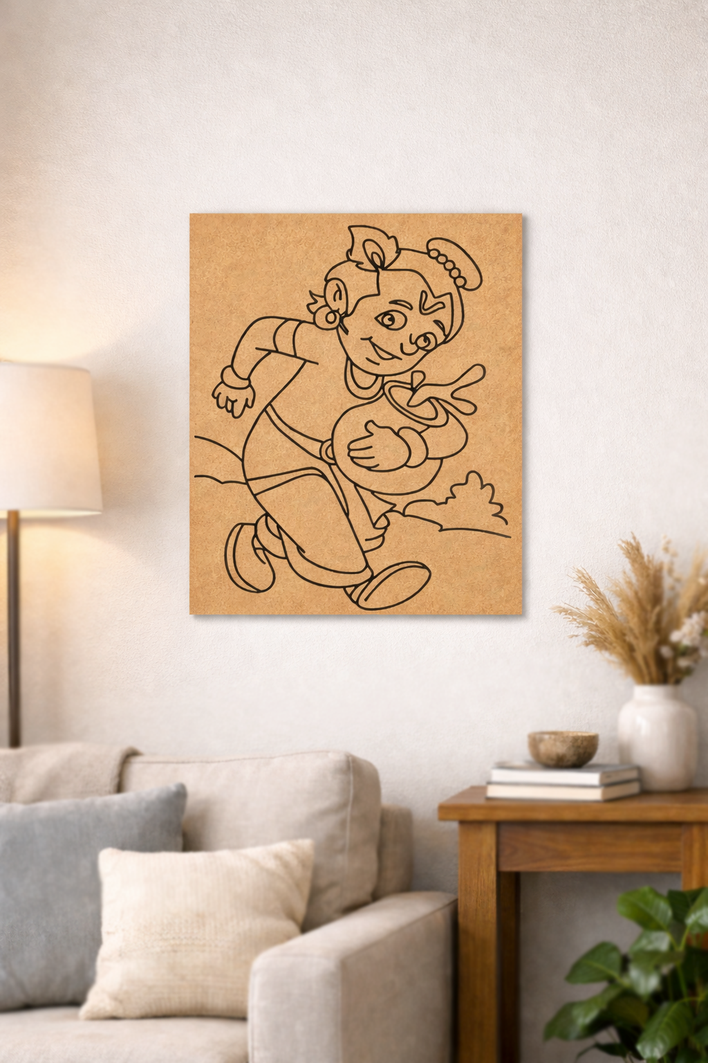MDF DIY wall art of a cartoon character in a living room setting