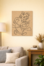 Cartoon character drawing on a MDF DIY wall art in a living room setting.