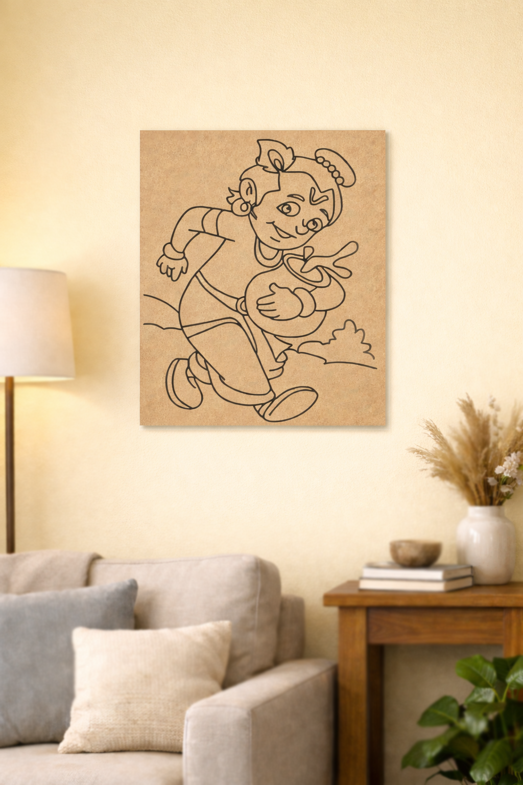 Cartoon character drawing on a MDF DIY wall art in a living room setting.