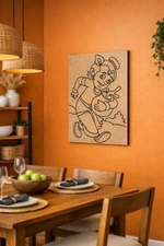 Dining room with a wooden table, chairs, and a MDF DIY wall art of a child running.