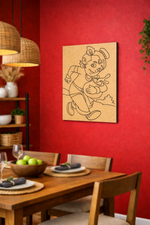 Dining room with wooden table, chairs, and a MDF DIY wall art of a cartoon character on a red wall.