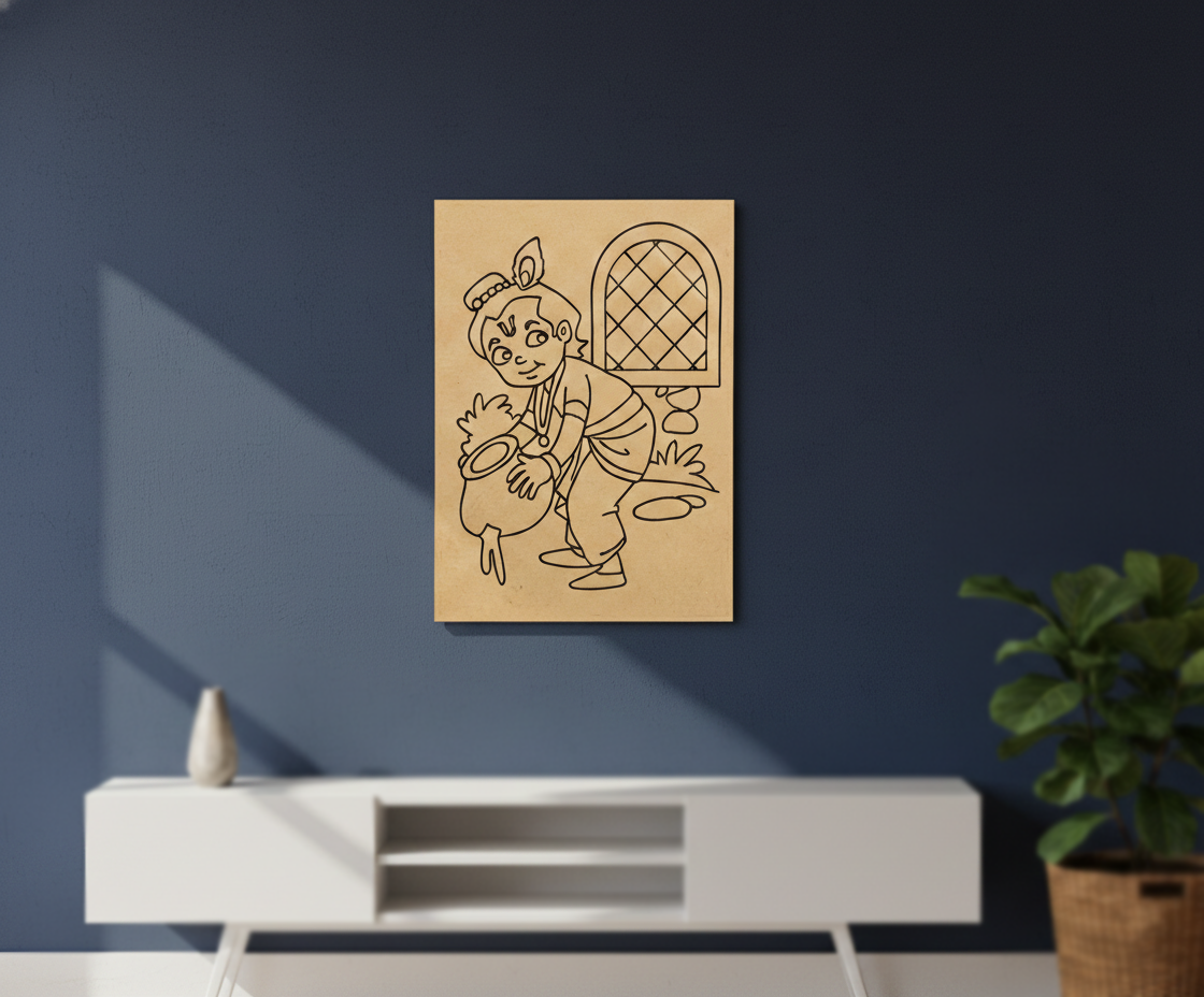 MDF DIY wall art with a cartoon character on a dark blue wall.