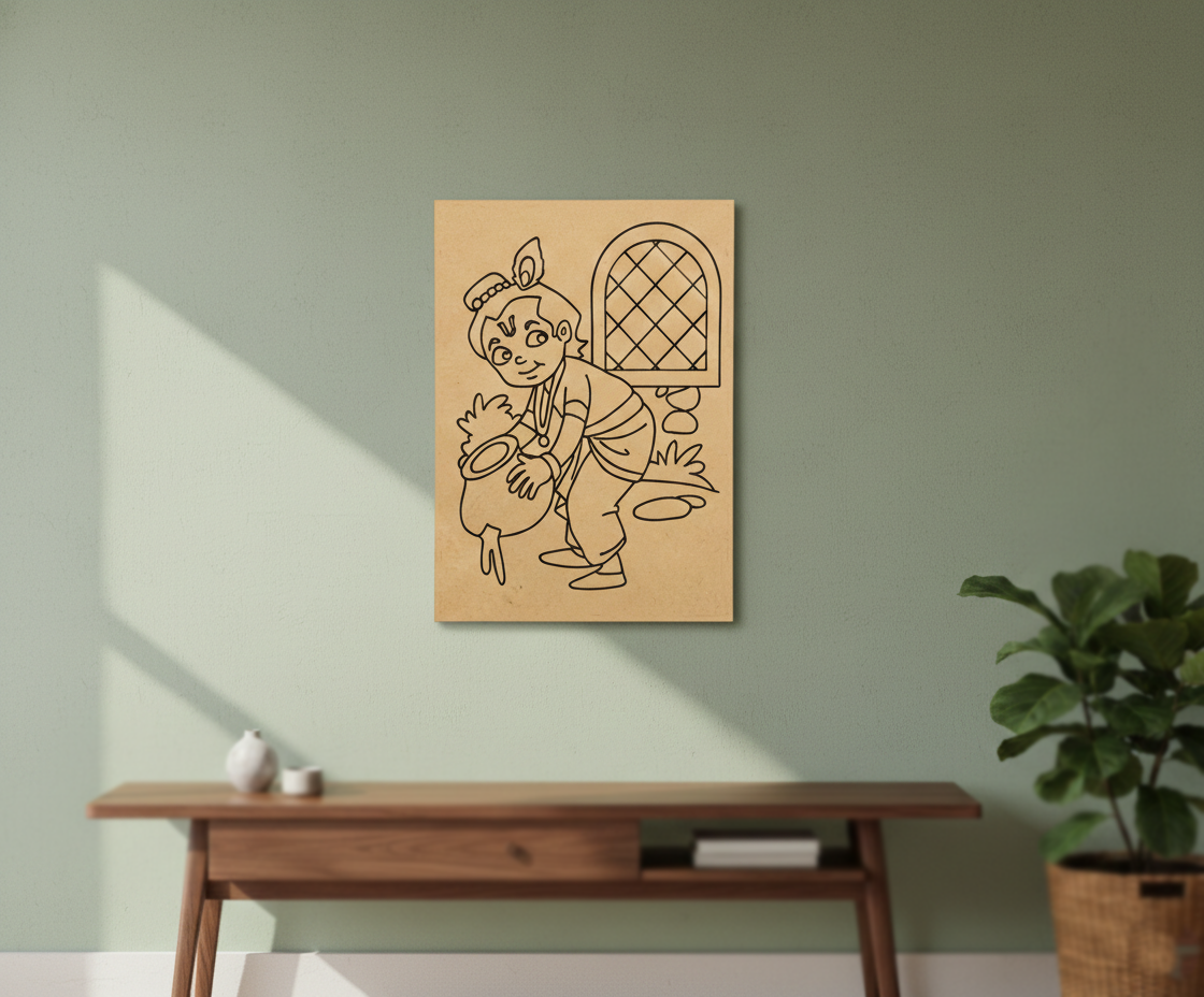 MDF DIY wall art with a cartoon character on a green wall above a wooden table.