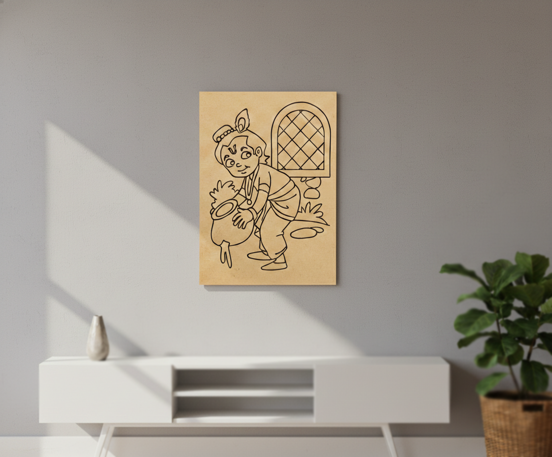 MDF DIY wall art with a cartoon character on a plain wall.