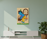 MDF DIY Canvas print of a cartoon character on a wall with a plant and shelf in the background.