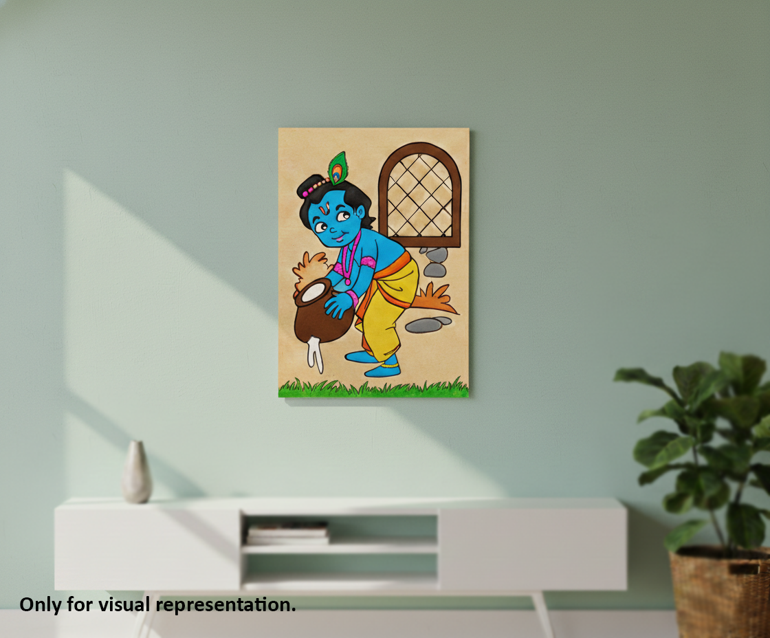 MDF DIY Canvas print of a cartoon character on a wall with a plant and shelf in the background.
