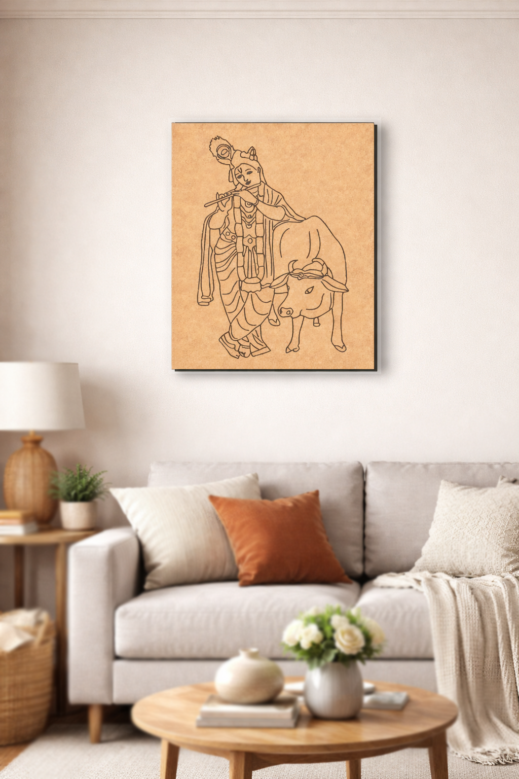 Living room with a MDF DIY framed artwork of a person on a cow, a gray sofa with decorative pillows, and a wooden coffee table.
