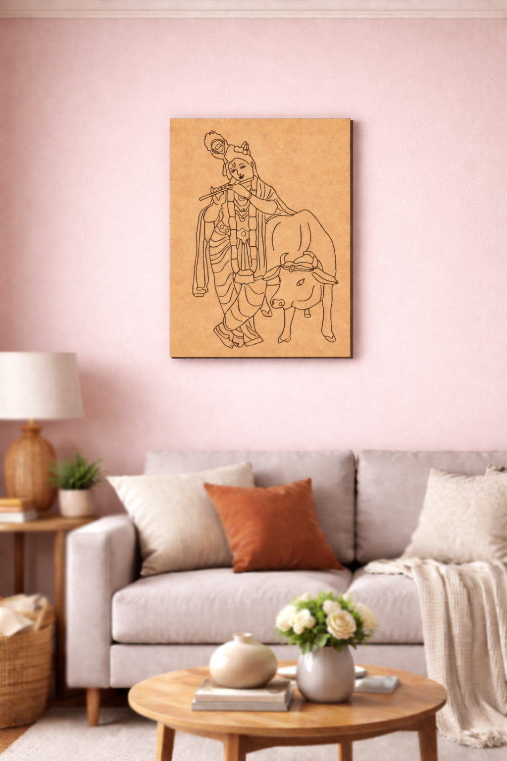 Living room with a gray sofa, wooden coffee table, and  MDF DIY wall art of a figure on a cow.