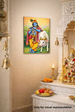 Decorative MDF DIY wall art of a deity with a cow in a home setting.