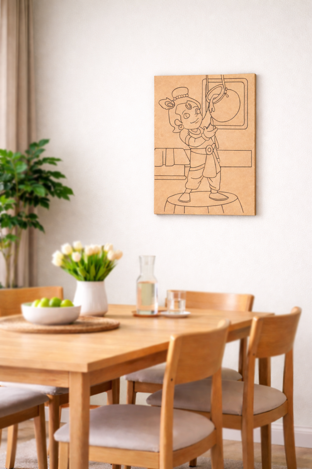 MDF DIY wall art of a cartoon character above a dining table with chairs.
