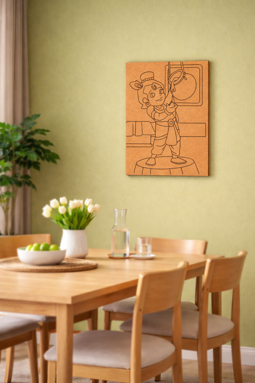 MDF DIY wall art ,Dining room with wooden table and chairs, wall art of a chef, and potted plant.