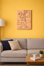 MDF DIY wall art of a cartoon character on a yellow wall above a gray sofa.