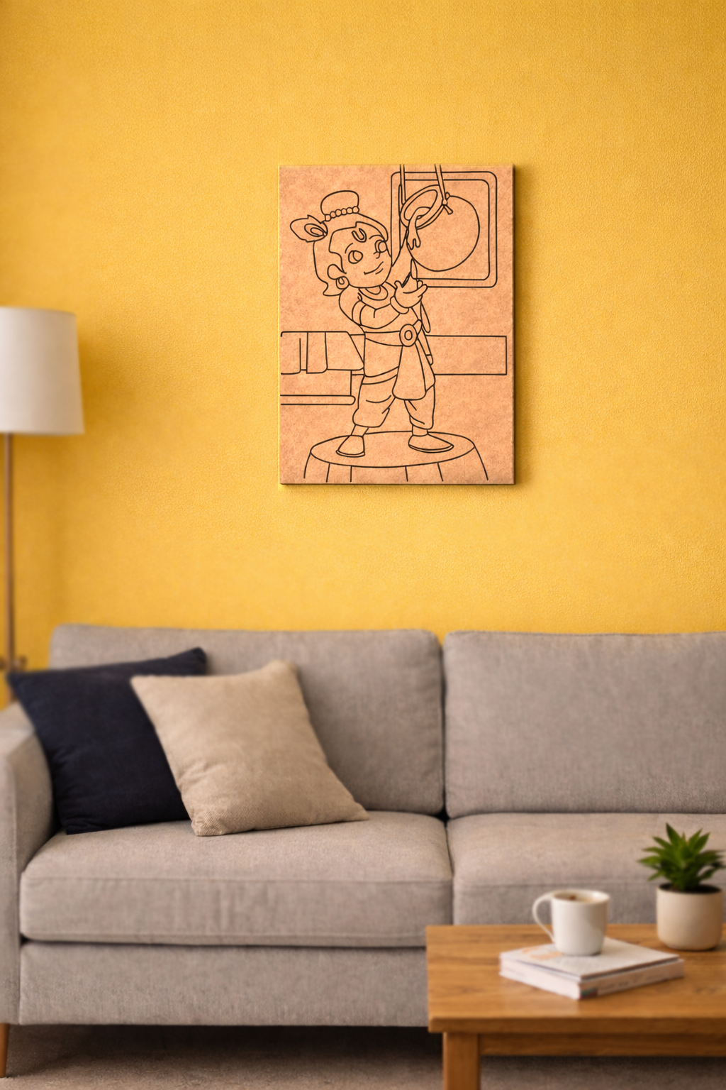 MDF DIY wall art of a cartoon character on a yellow wall above a gray sofa.