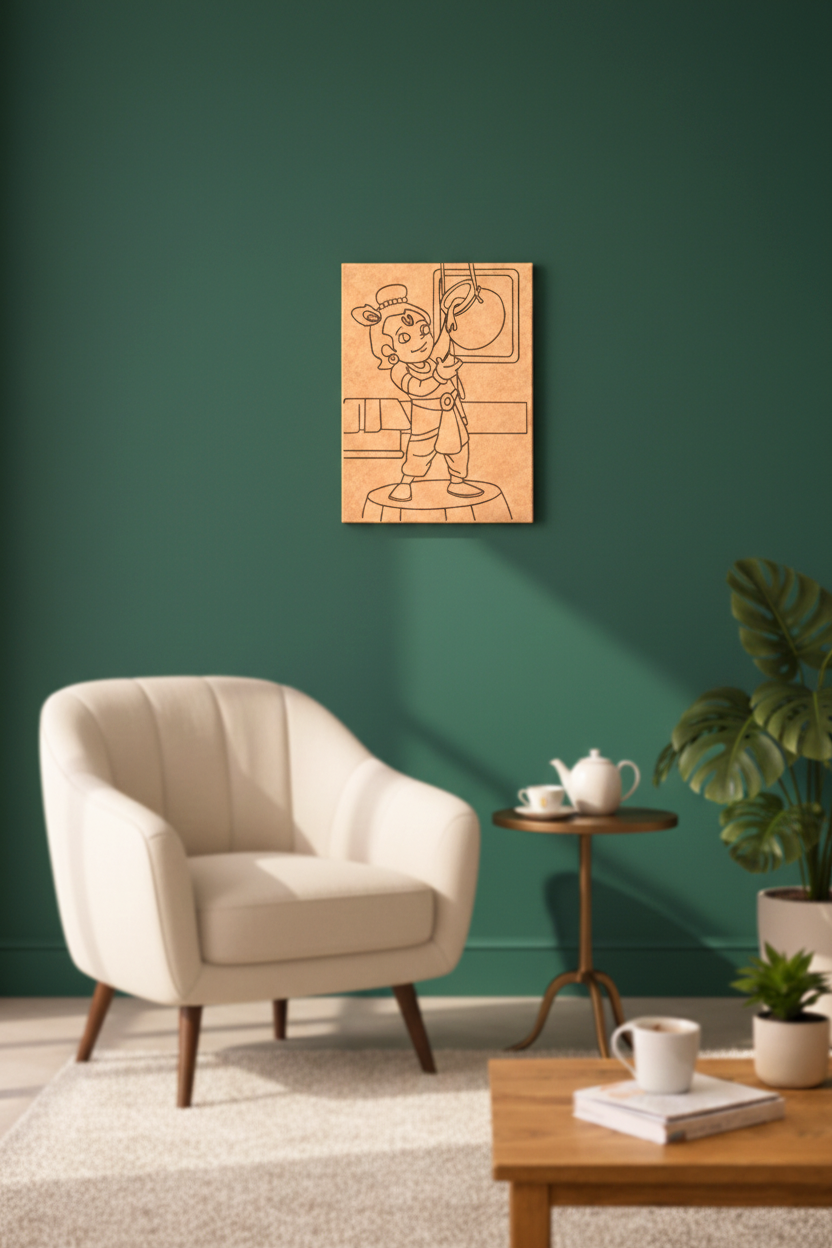 Living room with a beige armchair, wooden coffee table, and decorative MDF DIY wall art.