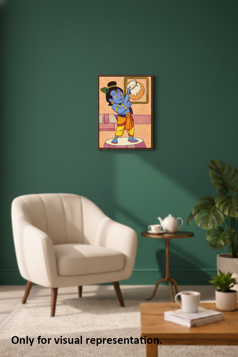 Living room with a beige armchair, small table, and MDF DIY wall art of a cartoon character.