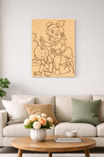 MDF DIY  wall art of two children on a white wall above a beige sofa.