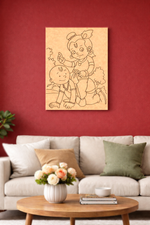 MDF DIY wall art of two children on a red wall above a beige sofa with decorative items.