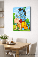 MDF DIY Canvas print of a cartoon scene with two characters on a wall above a dining table.