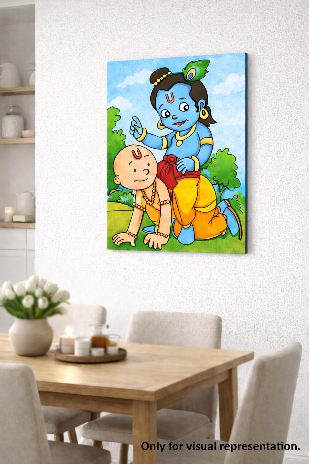 MDF DIY Canvas print of a cartoon scene with two characters on a wall above a dining table.