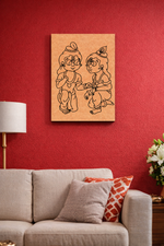 MDF DIY wall art of two children on a red wall above a beige sofa.