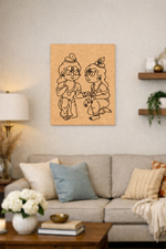 MDF DIY wall art of two animated characters in a living room setting.